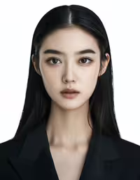 an asian model with long hair in black blazer and collar,a female model is wearing a black suit
