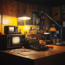 a dark room with a desk and a desk lamp