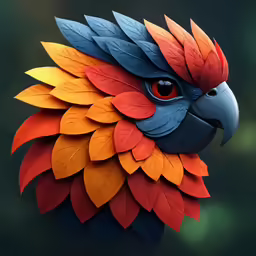 an animal made from paper that looks like a bird with red, yellow and blue feathers