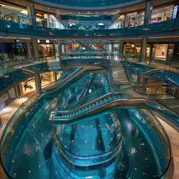 an outdoor shopping mall with some escalators and multiple shops,a couple of people that are riding some escalators
