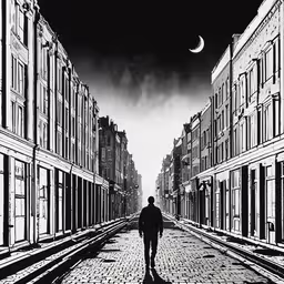 a black and white photo of the street with man on it,a silhouette of a man standing alone in a dark street