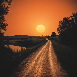 a photo of a sunset taken from the side of a dirt road