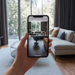 a hand holding a cell phone in front of a living room with a couch and table