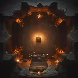 a room with an old typewriter is shown at night