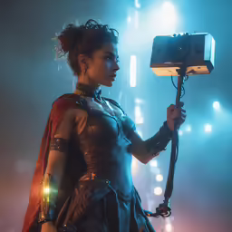 a woman in a costume and cape holding a camera