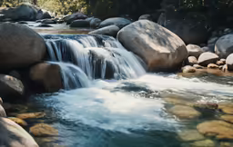 the water falls into the pond on rocks