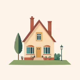 the house has two chimneys and green plants
