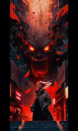 a digital art work of a demon on a city street