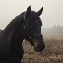 black horse standing in an open field on a foggy day