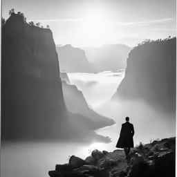 a man walks down a rocky cliff