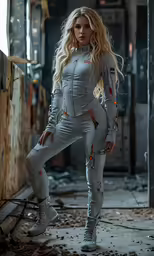 woman in grey space suit standing on brick floor