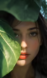 a woman is standing under a large leaf