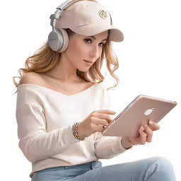 a woman in white shirt holding an ipad