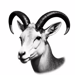 an goat with very long horns has his head turned to the side