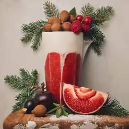 a cup of a liquid next to some fruits and nutritia