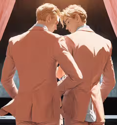 the two gentlemen are wearing orange suits outside,a man and woman standing in front of a stage