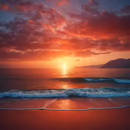 red and gold sunset on beach with water and waves