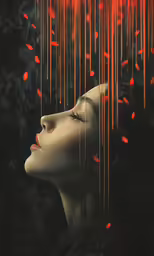 a woman in a surreal photo with a red and black rain coming from her face
