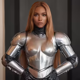 a sexy young woman wearing metal clothing in front of a window