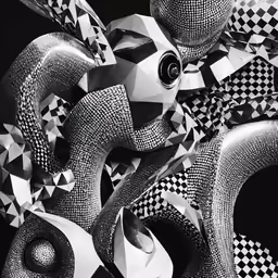 black and white image of an elephant statue with many geometric patterns
