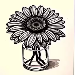a black and white drawing of a sunflower in a glass,a drawing of a sunflower in a jar