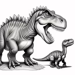 a dinosaur and his baby standing side by side,a drawing of two dinosaurs one t - neck and one head,drawing a dinosaur