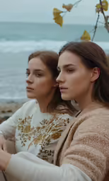 two women looking away from the camera with the ocean behind them