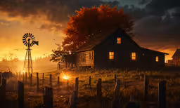 a windmill, barn and building in the middle of a field,an old farm house at sunrise with a windmill