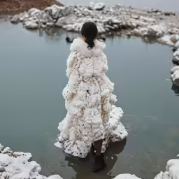 a person is standing on ice covered rocks by a river