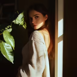 a young woman poses in front of the window