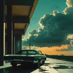 the old car is parked on the curb under a cloudy sky