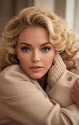 blonde woman in beige coat posing for photo shoot
