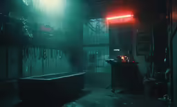 a dark room with the lights on and a neon sign