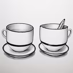two cups and saucers sitting next to each other