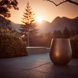 a vase sitting in the middle of a patio with mountains and trees in the background