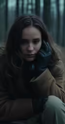 a woman wearing a coat and gloves sitting in the woods