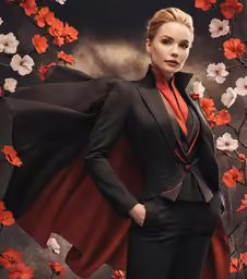 a woman is wearing a cape and a red tie