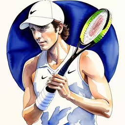 a watercolor drawing of a man with a tennis racket,this is a painting of a man holding a tennis racket,drawing of man holding tennis racket and ball,a tennis player with a racquet painted on a white background,man in white shirt holding up tennis racquet