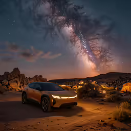 a car parked on a dirt road under a sky full of stars