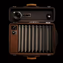 an old style camera with two lens and the case opened