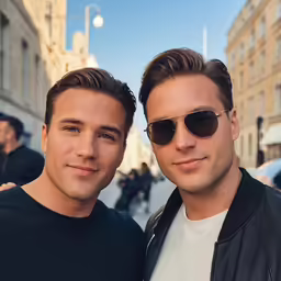 two men stand together near a city sidewalk