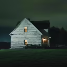 a home at night with the light on on