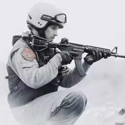 an army man is holding a gun while wearing gear