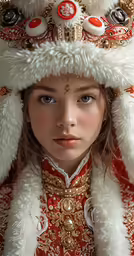 a young woman wearing a fur and crown and a fur hat