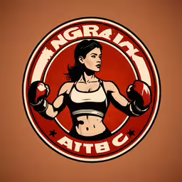 a painting of a woman with boxing gloves and a sports bra,a woman standing in front of a sign that says morgan athletic
