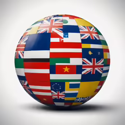 a sphere with different flags sitting on top of it
