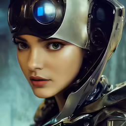 a female character wearing an alien helmet and big blue eyes