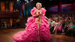 the drag queen is in action on the stage,a woman in pink on a stage with a microphone