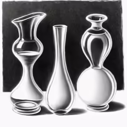four vases are lined up on the counter