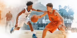 two men playing basketball one with a ball